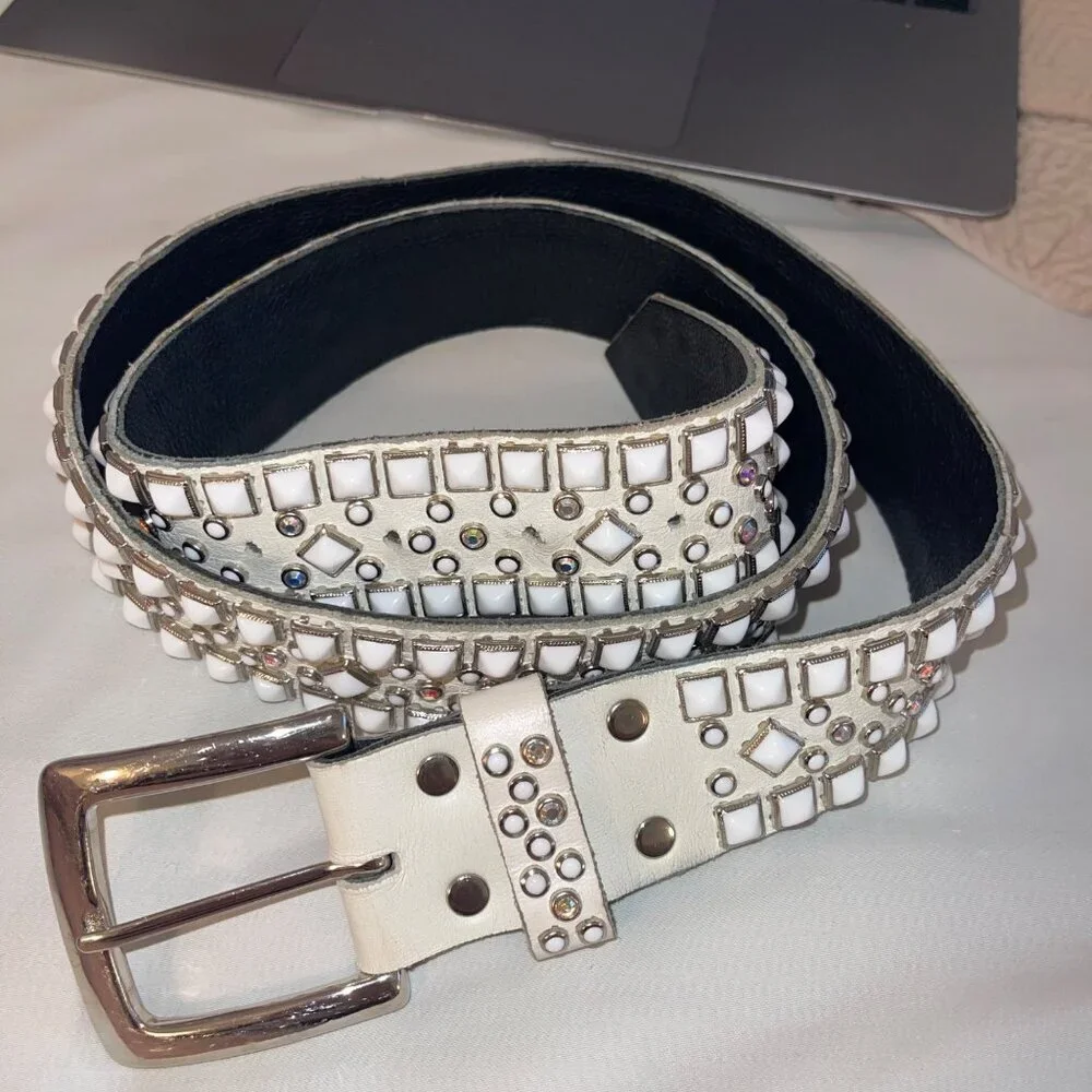 Rn Design Womens Belt Size Large White Leather Studded Swarosky Crystals